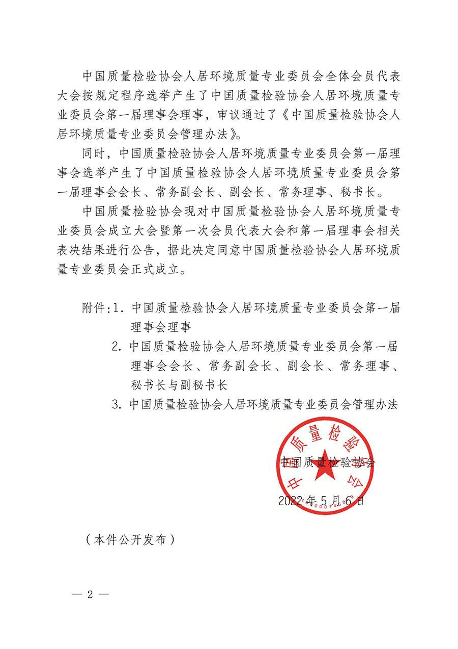 中国质量检验协会关于人居环境质量专业委员会成立大会暨第一次会员代表大会和第一届理事会相关表决结果的公告(中检办发〔2022〕66号)